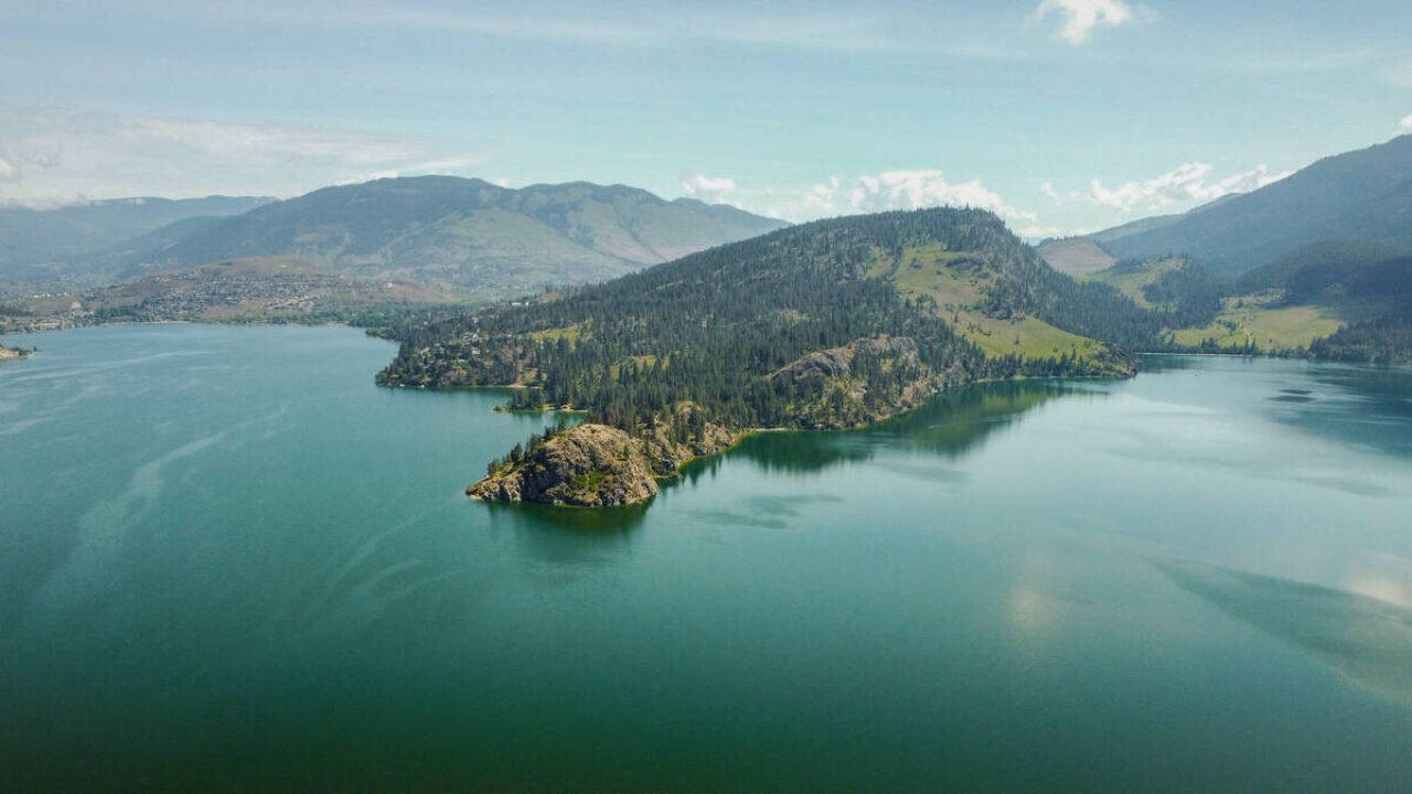 Turquoise water and pine-covered hills on Kalamalka Lake